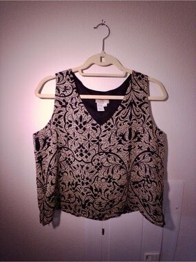 Vintage 90s Boho Sleeveless Black & Cream Patterned V-Neck Top